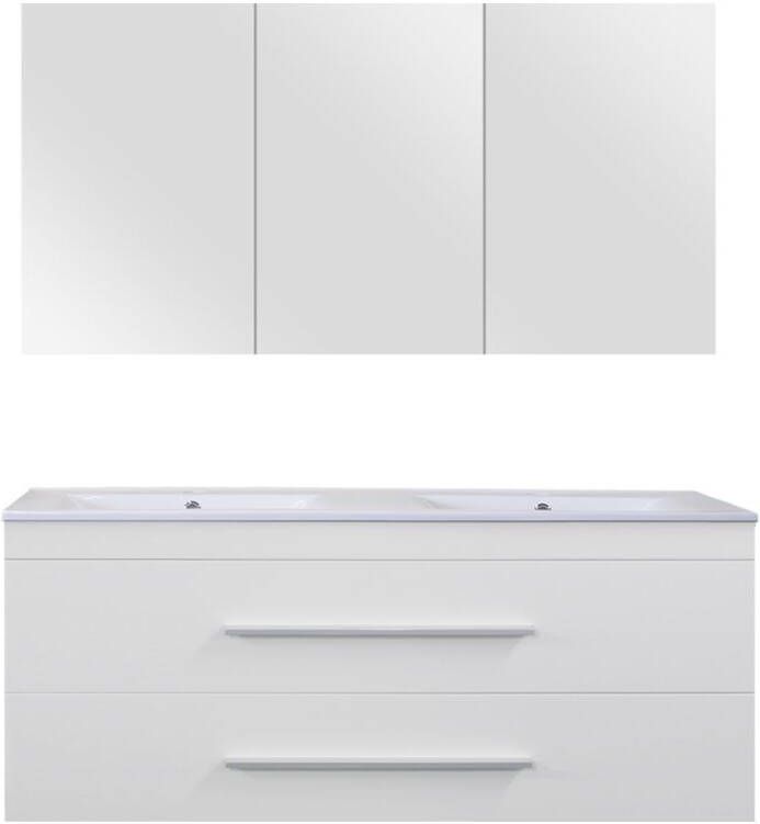 Differnz Style Badmeubelset 120cm Keramiek wastafelblad met standaard greep met spiegelkast met 2 wasbakken Wit 36.701.35