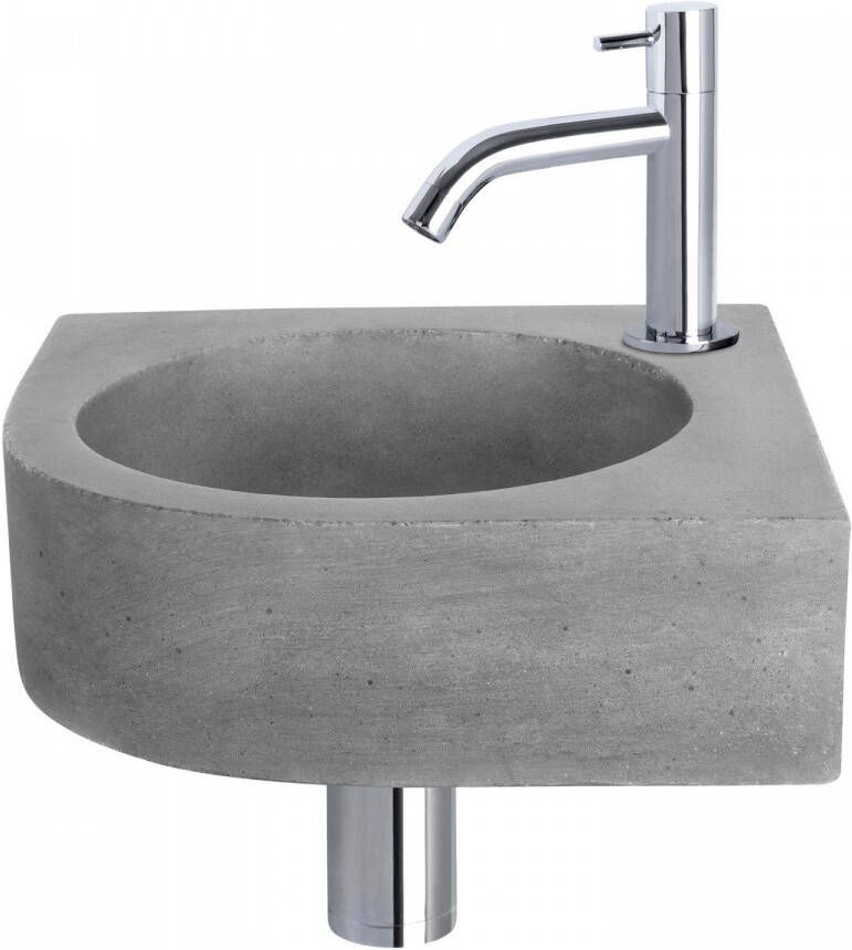 Differnz Cleo fonteinset 31.5x31.5x10cm Kwartrond 1 kraangat Gebogen chromen kraan Beton Grijs 38.401.25