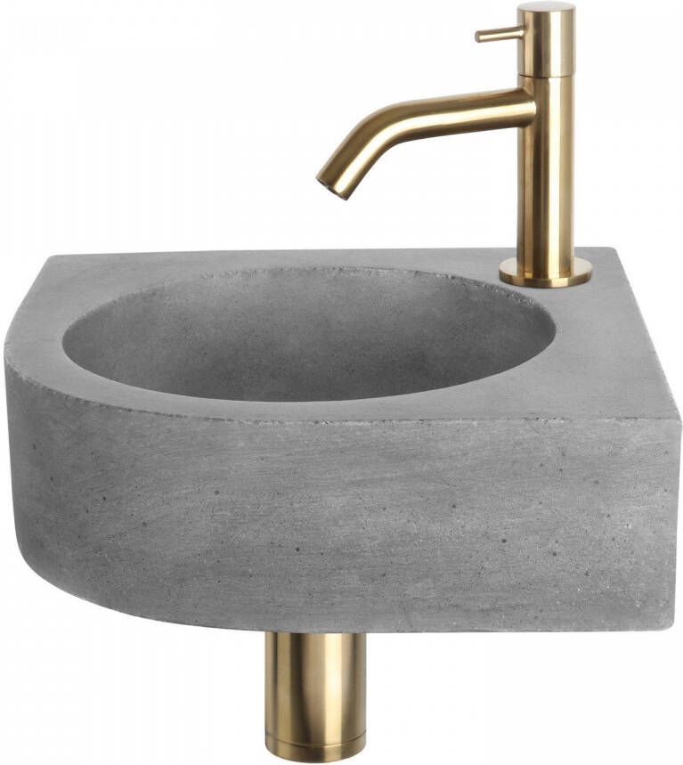 Differnz Cleo fonteinset 31.5x31.5x10cm Kwartrond 1 kraangat Gebogen matte goude kraan Beton Grijs 38.401.30