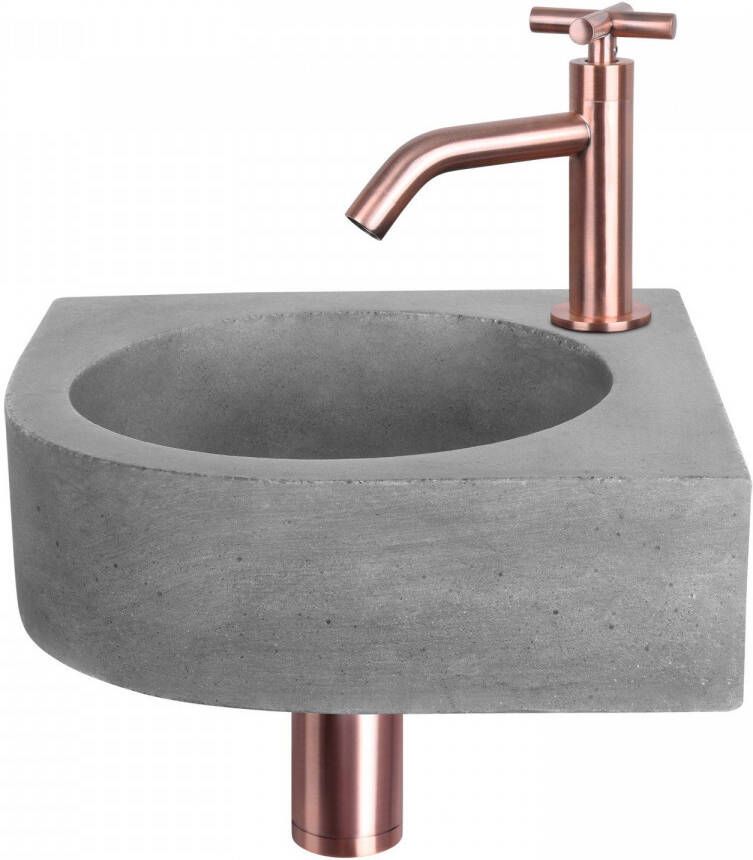 Differnz Cleo hoekfontein met gebogen kraan met kruishandgreep rood koper 31 5 x 31 5 x 10 cm beton donkergrijs