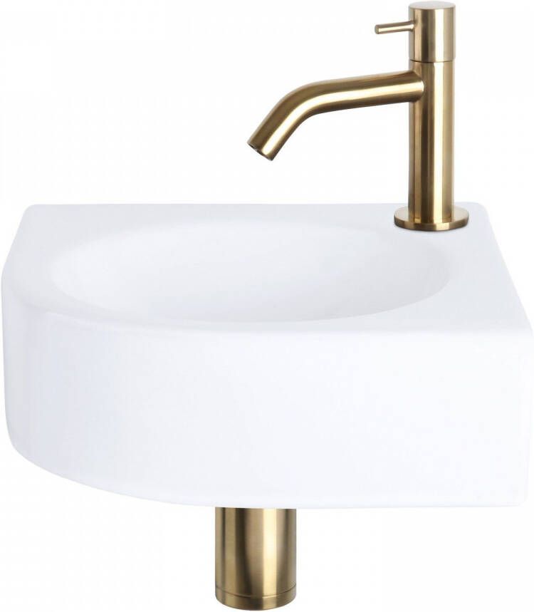 Differnz Cleo fonteinset 30x30x10cm Kwartrond 1 kraangat Gebogen matte goude kraan Keramiek Wit 38.401.18