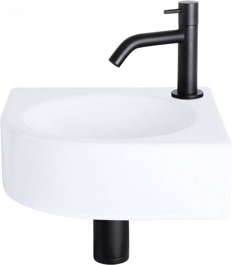 Differnz Cleo fonteinset 30x30x10cm Kwartrond 1 kraangat Gebogen matte zwarte kraan Keramiek Wit 38.401.08