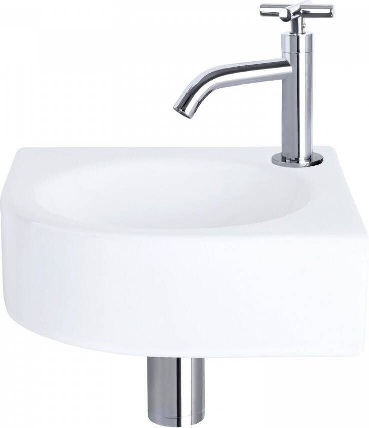 Differnz Cleo fonteinset 30x30x10cm Kwartrond 1 kraangat Gebogen chromen kraan kruisgreep Keramiek Wit 38.401.14