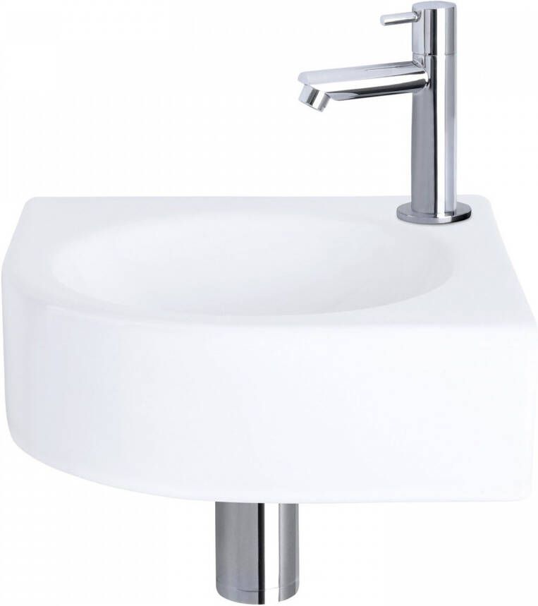 Differnz Cleo fonteinset 30x30x10cm Kwartrond 1 kraangat Recht chromen kraan Keramiek Wit 38.401.12