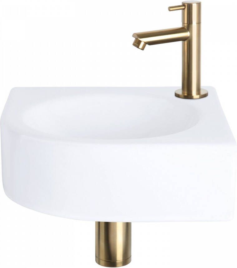 Differnz Cleo fonteinset 30x30x10cm Kwartrond 1 kraangat Recht matte goude kraan Keramiek Wit 38.401.19
