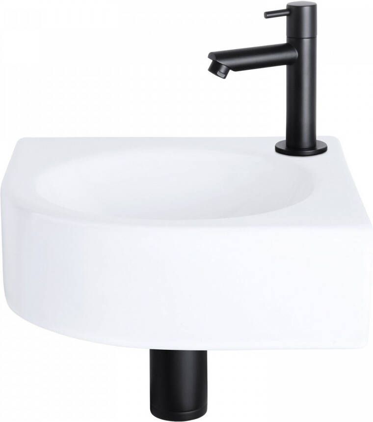 Differnz Cleo fonteinset 30x30x10cm Kwartrond 1 kraangat Recht matte zwarte kraan Keramiek Wit 38.401.09