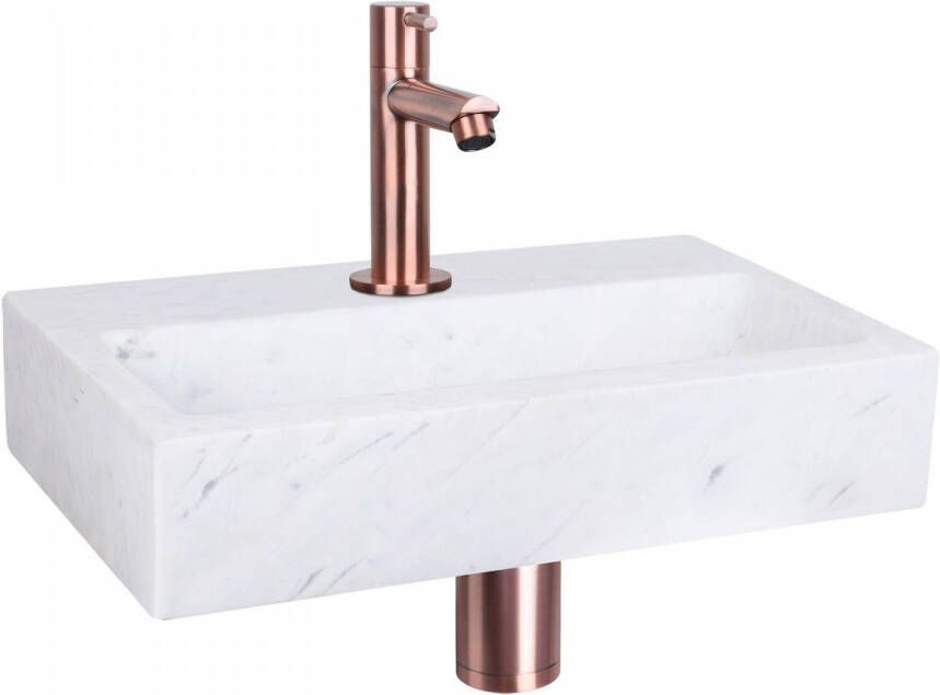 Differnz Flat fonteinset 38x24x8cm Rechthoek 1 kraangat Recht rose koper kraan Marmer Wit 38.400.32