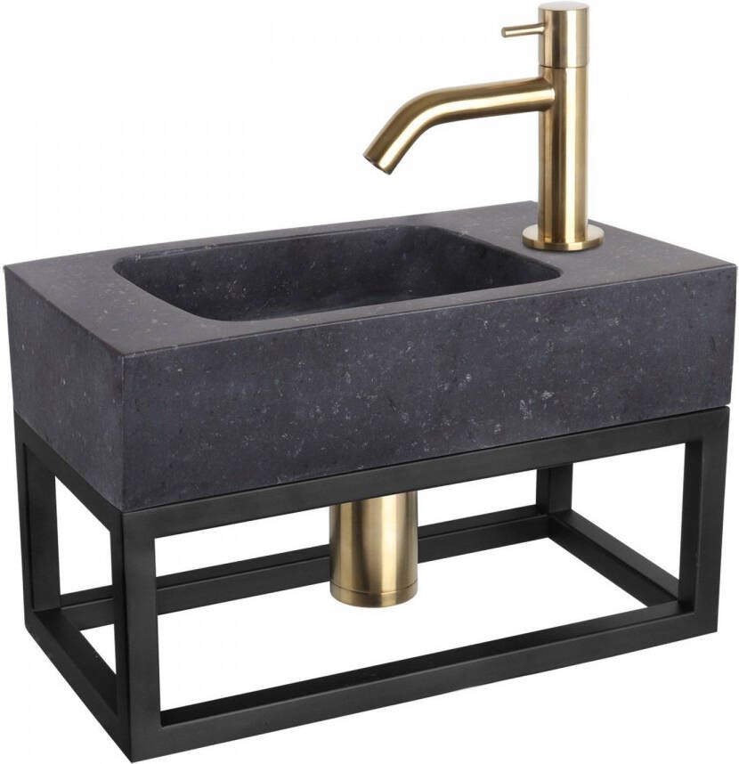 Differnz Bombai fonteinset 40x22x9cm Rechthoek 1 kraangat Gebogen matte goude kraan met zwart frame Natuursteen Zwart 38.401.54
