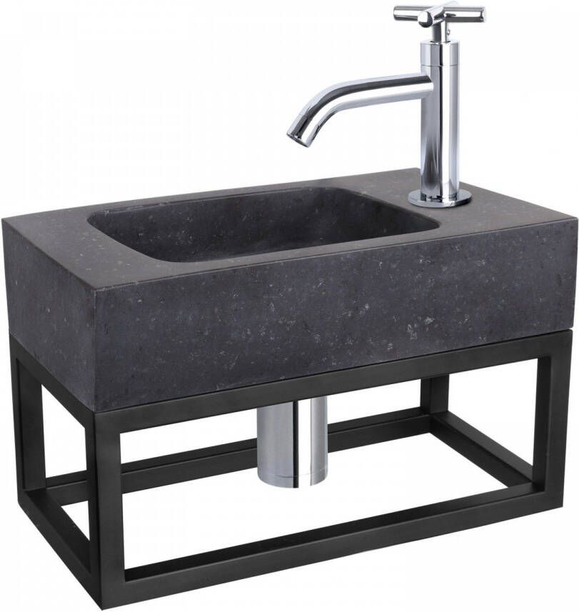 Differnz Bombai fonteinset 40x22x9cm Rechthoek 1 kraangat Gebogen chromen kraan met zwart frame kruisgreep Natuursteen Zwart 38.401.50