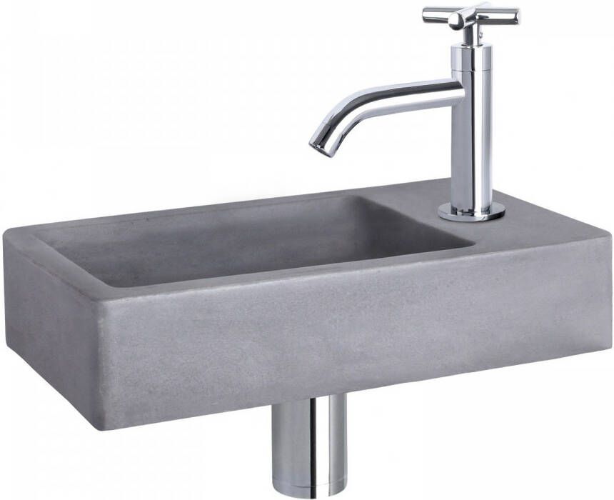 Differnz Force fonteinset 40x22x8cm Rechthoek 1 kraangat Gebogen chromen kraan kruisgreep Beton Grijs 38.400.66