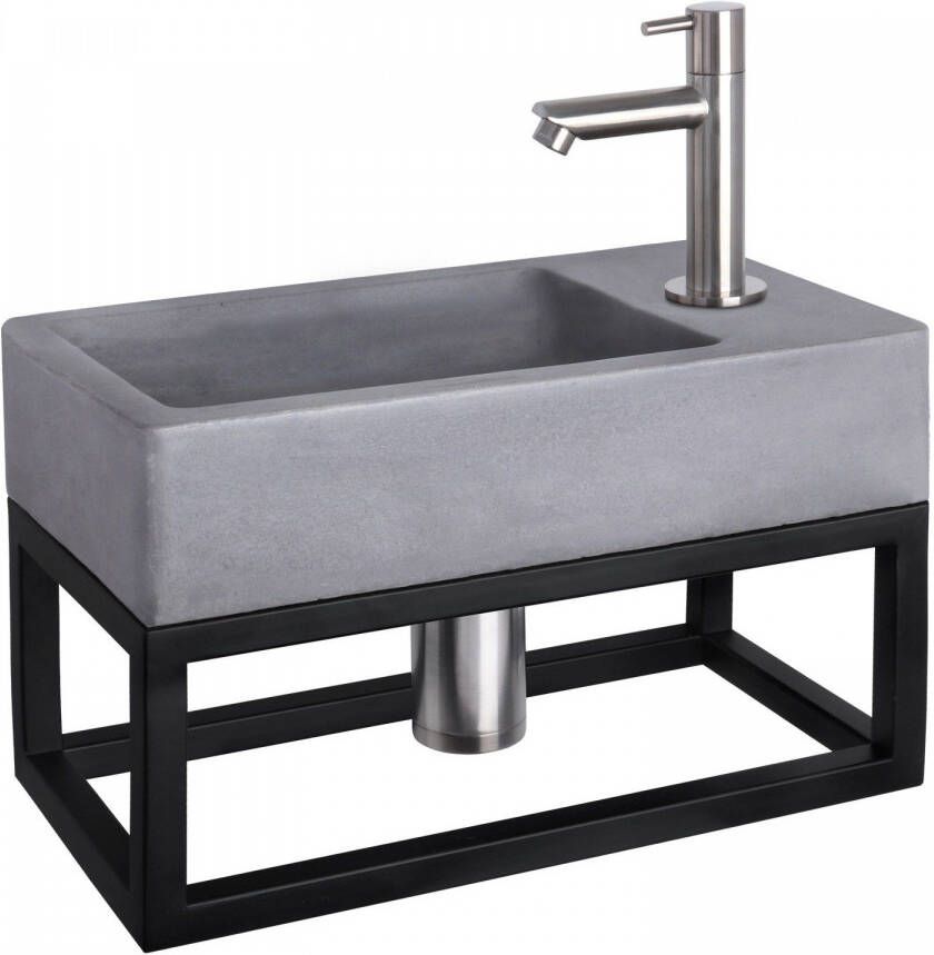 Differnz Force fonteinset 40x22x8cm Rechthoek 1 kraangat Recht matte chromen kraan met zwart frame Beton Grijs 38.401.71