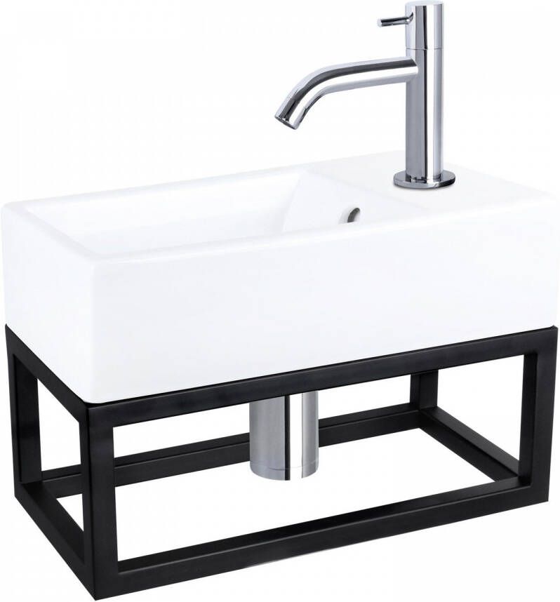 Differnz Force fonteinset 40x22x11.5cm Rechthoek 1 kraangat Gebogen chromen kraan met zwart frame Keramiek Wit 38.401.61