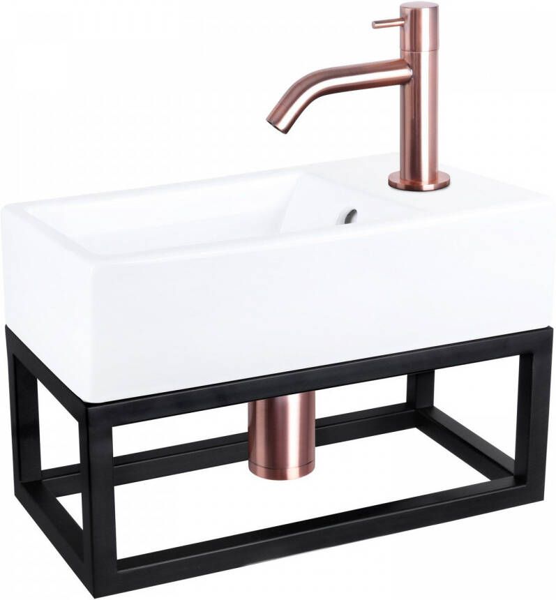 Differnz Force fonteinset 40x22x11.5cm Rechthoek 1 kraangat Gebogen rose koper kraan met zwart frame Keramiek Wit 38.401.63