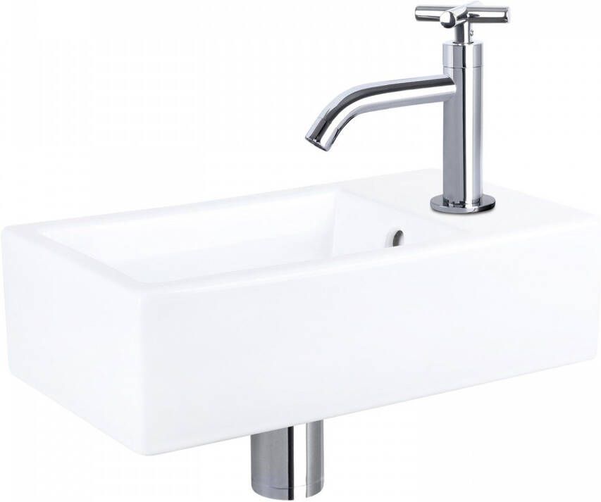 Differnz Force fonteinset 40x22x11.5cm Rechthoek 1 kraangat Gebogen chromen kraan kruisgreep Keramiek Wit 38.400.54