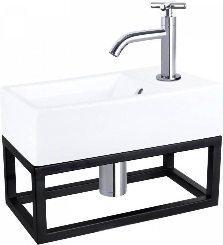 Differnz Force fonteinset 40x22x11.5cm Rechthoek 1 kraangat Gebogen chromen kraan met zwart frame kruisgreep Keramiek Wit 38.401.62