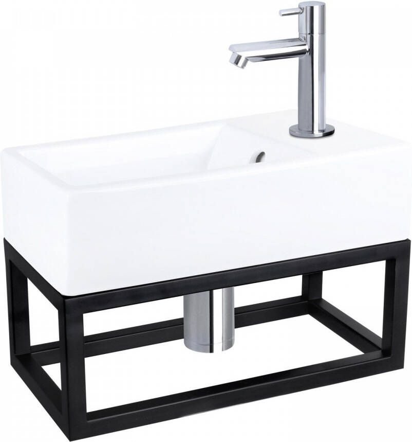 Differnz Force fonteinset 40x22x11.5cm Rechthoek 1 kraangat Recht chromen kraan met zwart frame Keramiek Wit 38.401.60
