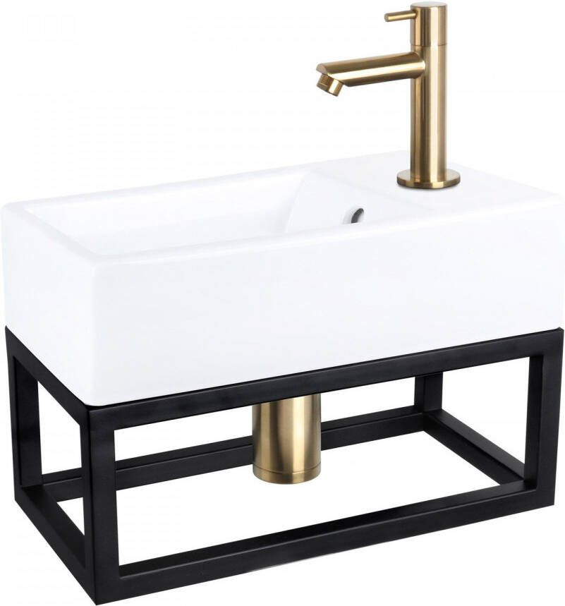 Differnz Force fonteinset 40x22x11.5cm Rechthoek 1 kraangat Recht matte goude kraan met zwart frame Keramiek Wit 38.401.67