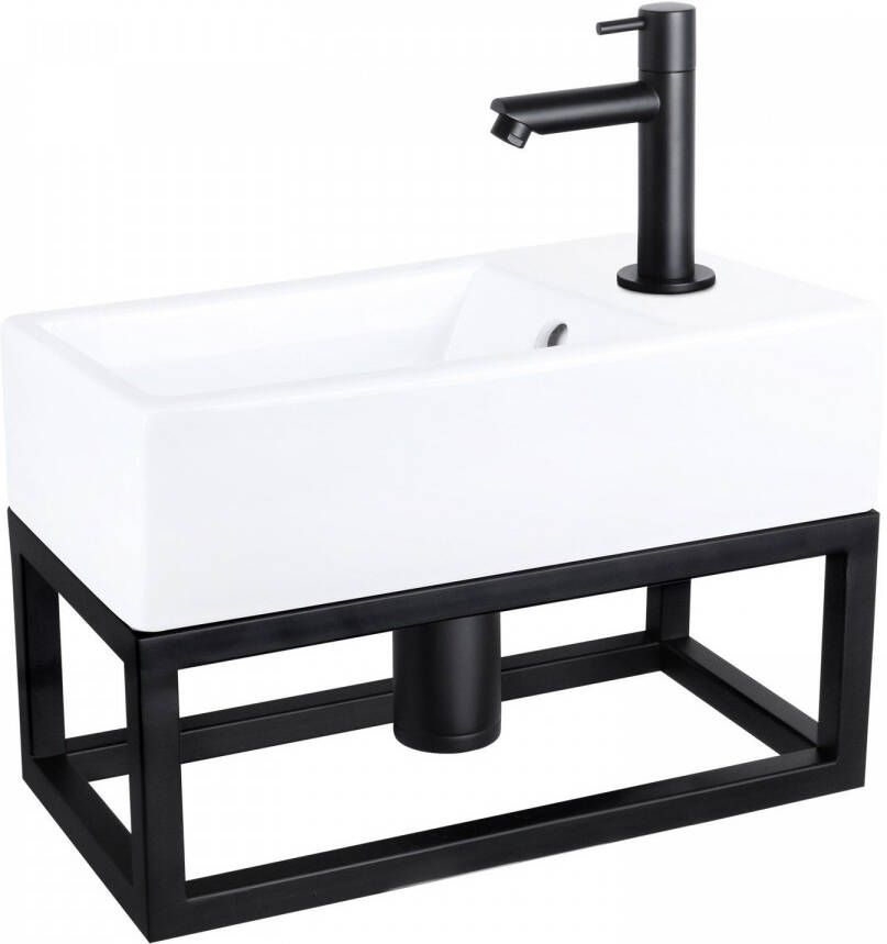 Differnz Force fonteinset 40x22x11.5cm Rechthoek 1 kraangat Recht matte zwarte kraan met zwart frame Keramiek Wit 38.401.57