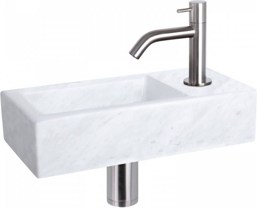 Differnz Helios fonteinset 37.5x18.5x9.5cm Rechthoek 1 kraangat Gebogen matte chromen kraan Mineraalsteen Marmer 38.401.34