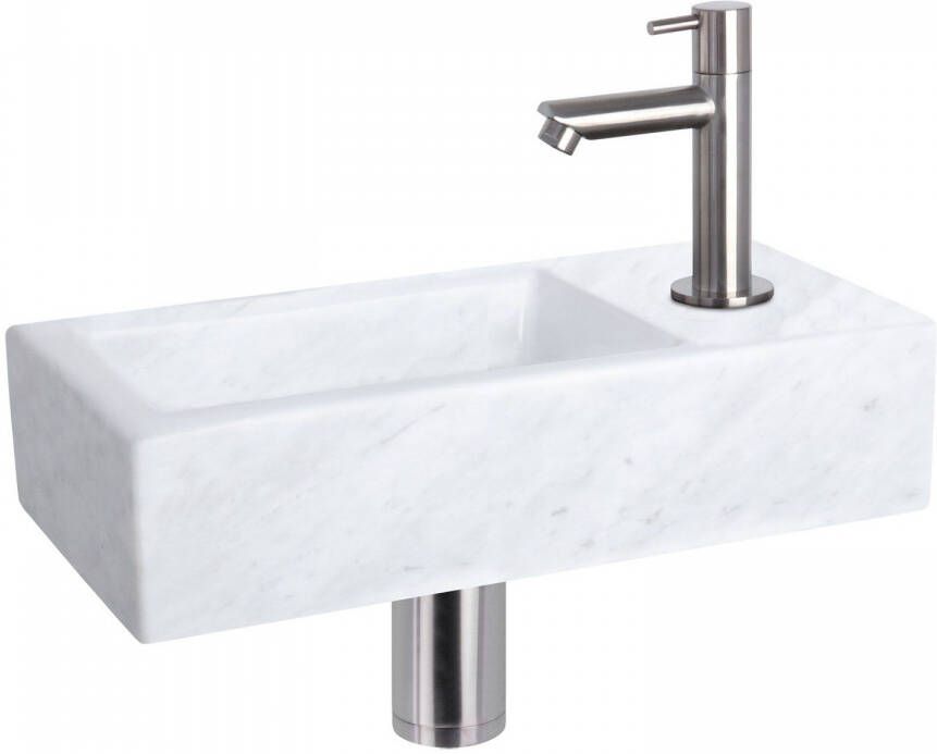 Differnz Helios fonteinset 37.5x18.5x9.5cm Rechthoek 1 kraangat Recht matte chromen kraan Mineraalsteen Marmer 38.401.35