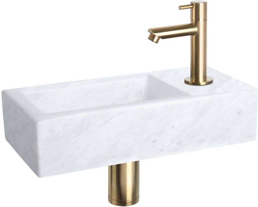 Differnz Fonteinset Helios Rechthoek 37.5x18.5x9.5cm Mineraalmarmer Wit Rechte Toiletkraan Clickwaste Sifon Geborsteld Goud