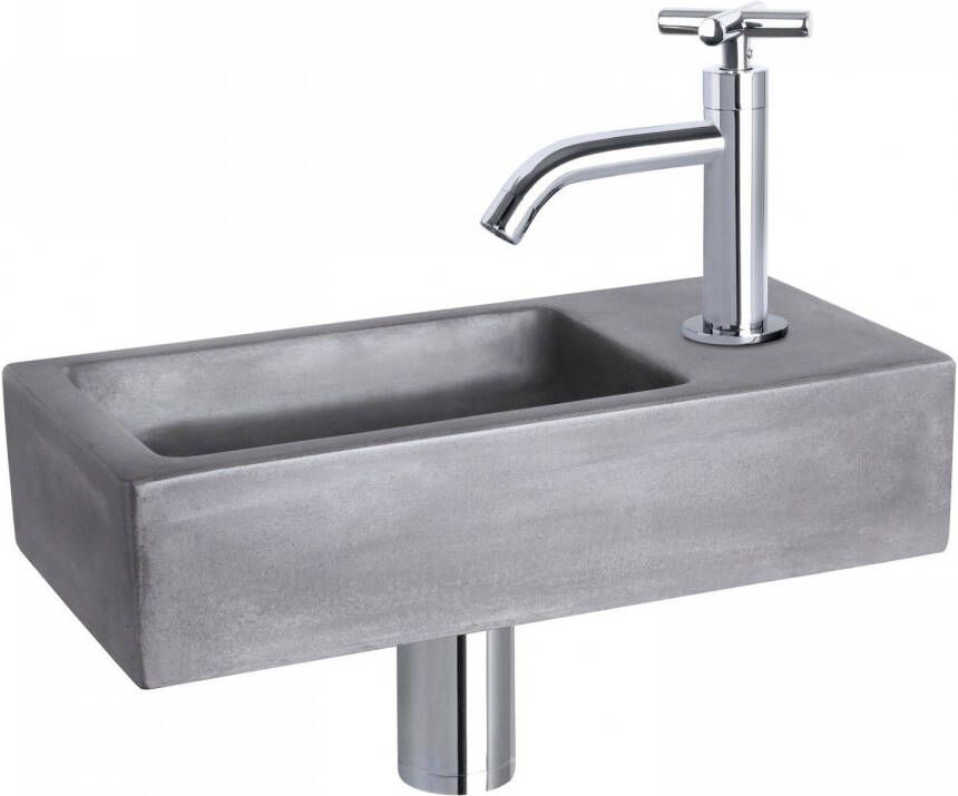 Differnz Ravo fonteinset 38.5x18.5x9cm Rechthoek 1 kraangat Gebogen chromen kraan beton donkergrijs 38.401.02
