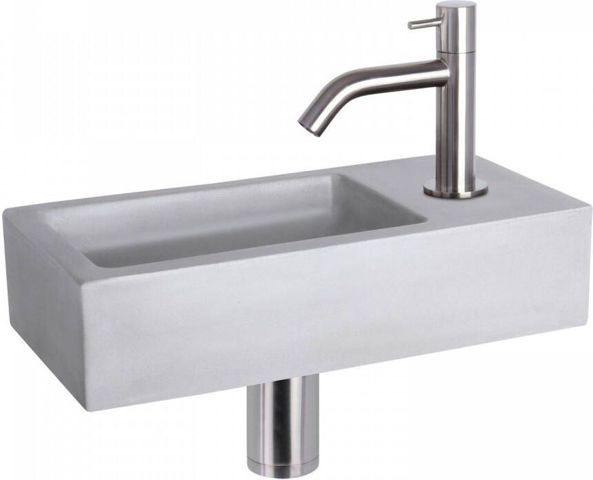 Differnz Ravo fonteinset 38.5x18.5x9cm Rechthoek 1 kraangat Gebogen matte chromen kraan beton lichtgrijs 38.005.01