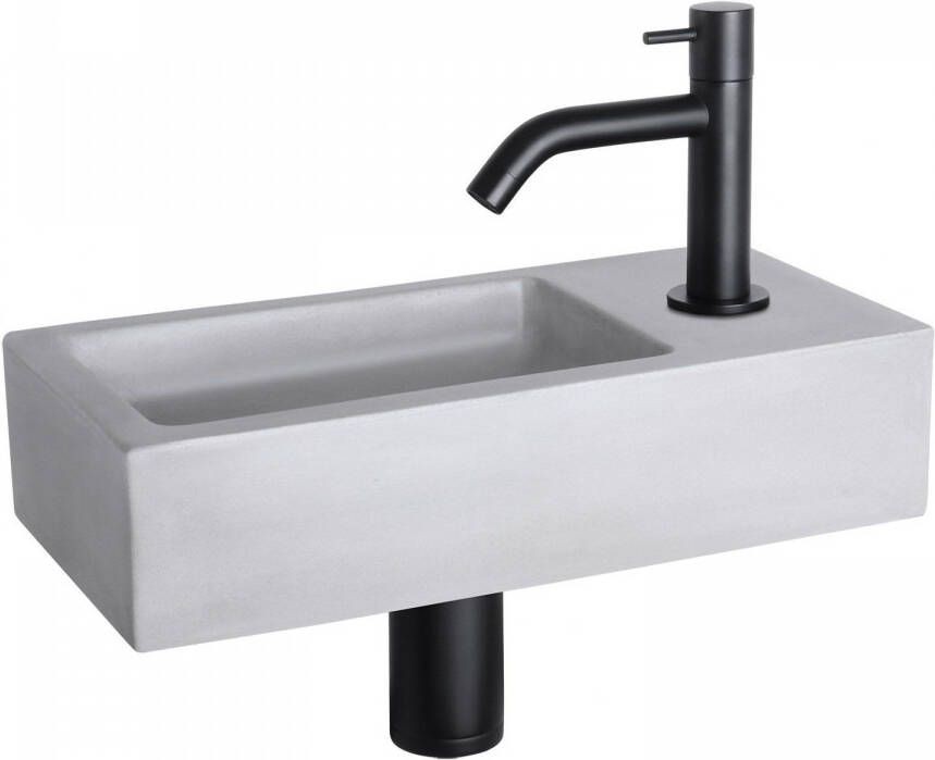 Differnz Ravo fonteinset 38.5x18.5x9cm Rechthoek 1 kraangat Gebogen matte zwarte kraan beton lichtgrijs 38.004.92 - Foto 2