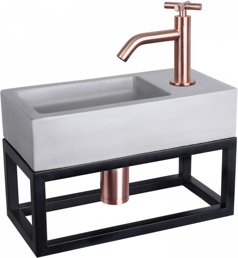 Differnz Ravo fonteinset 38.5x18.5x25cm Rechthoek 1 kraangat Gebogen rose koperen kraan met zwart frame kruisgreep beton lichtgrijs 38.402.01