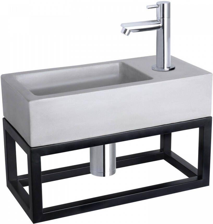 Differnz Ravo Fonteinset 38.5x18.5x25cm 1 kraangat recht chrome kraan met sifon en afvoerplug fontein Rechthoek Beton Licht grijs 38.401.96
