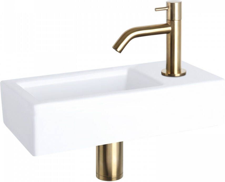 Differnz Ravo fonteinset 38.5x18.5x9cm Rechthoek 1 kraangat Gebogen matte goude kraan Keramiek Wit 38.400.82