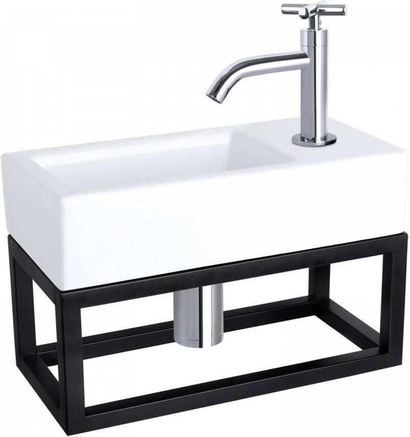 Differnz Ravo fonteinset 38.5x18.5x25cm Rechthoek 1 kraangat Gebogen chromen kraan met zwart frame kruisgreep Keramiek Wit 38.401.86