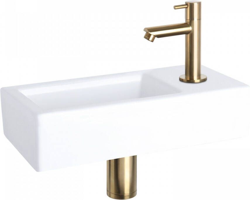Differnz Ravo fonteinset 38.5x18.5x9cm Rechthoek 1 kraangat Recht matte goude kraan Keramiek Wit 38.400.83