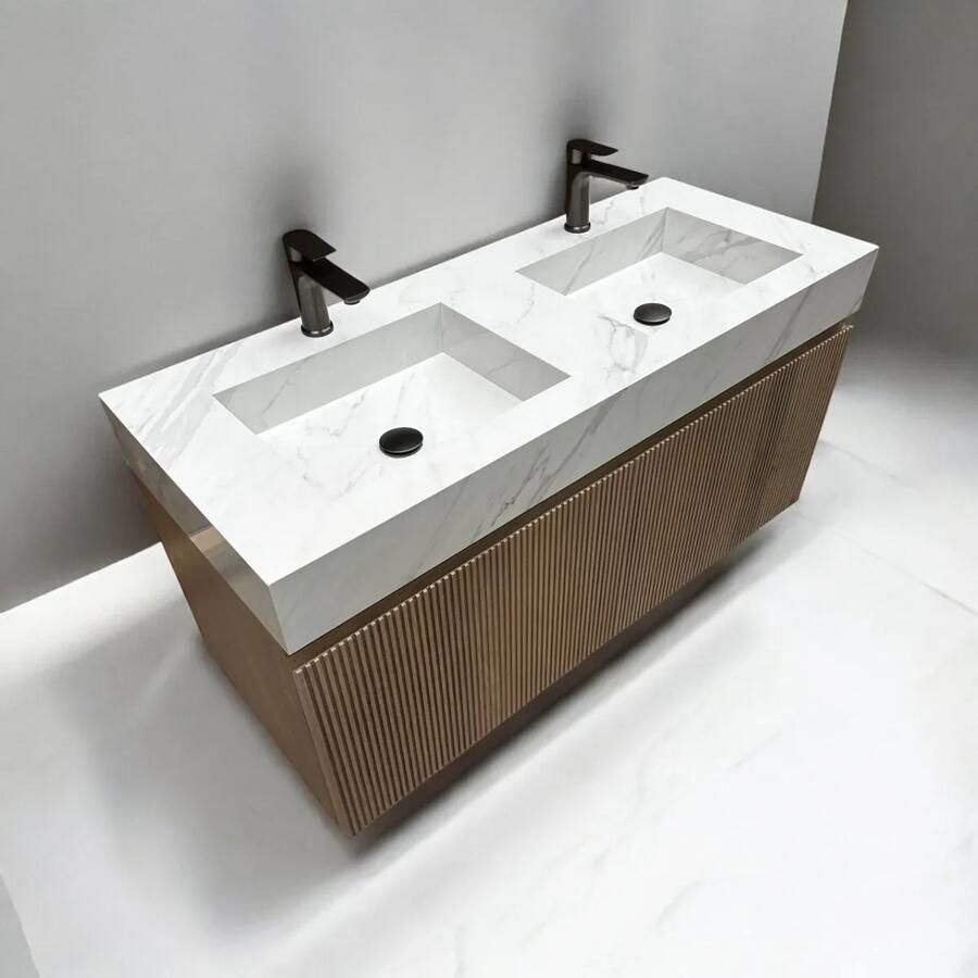 B-Stone Bloomington eiken badkamermeubel ribbelfront met wastafel wit marmer 120cm