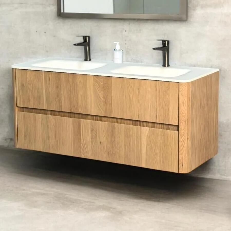 B-Stone Branson badkamermeubel eiken met wit solid surface dubbele wastafel 120cm