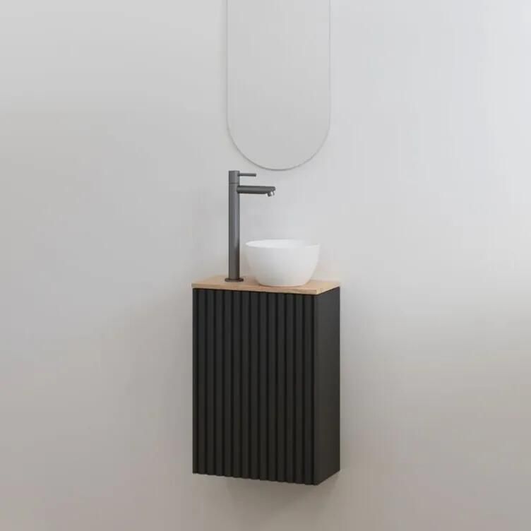 Best Design Mali ribbel toiletmeubel zwart mat met eiken meubelblad