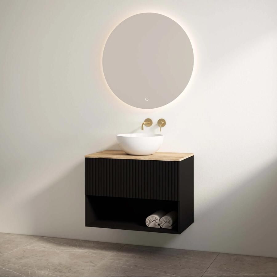 Best Design Rigatti badmeubel 100cm zwart mat met ribbelfront en eiken topblad