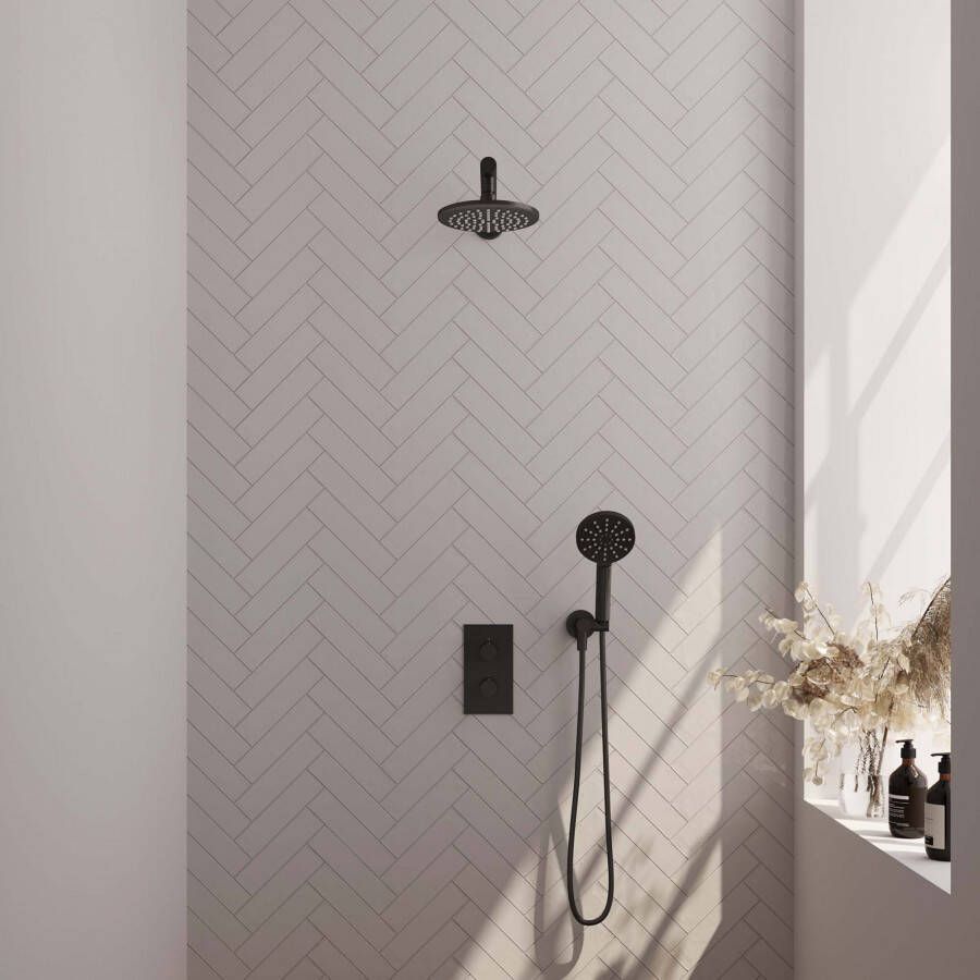 Brauer Mat zwarte Black Carving thermostatische inbouw regendouche 3-weg omstelling SET met 30 cm douchekop en gebogen muurarm 3-standen handdouche doucheslang en geintegreerde glijstang - Foto 4