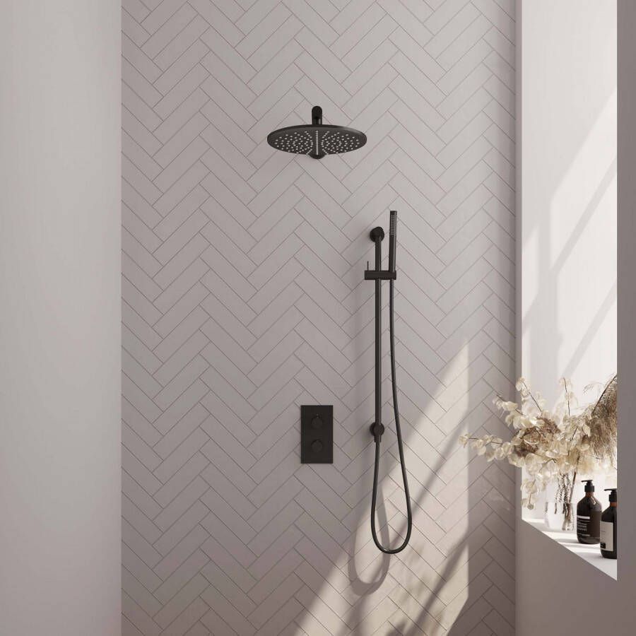 Brauer Mat zwarte Black Carving thermostatische inbouw regendouche 3-weg omstelling SET met 30 cm douchekop en gebogen muurarm 3-standen handdouche doucheslang en geintegreerde glijstang - Foto 3