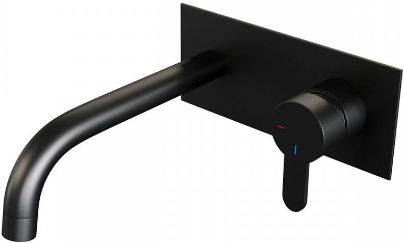 Brauer Black Edition Wastafelmengkraan inbouw gebogen uitloop links smalle platte gladde hendel afdekplaat model D 1 mat zwart 5-S-004-B4
