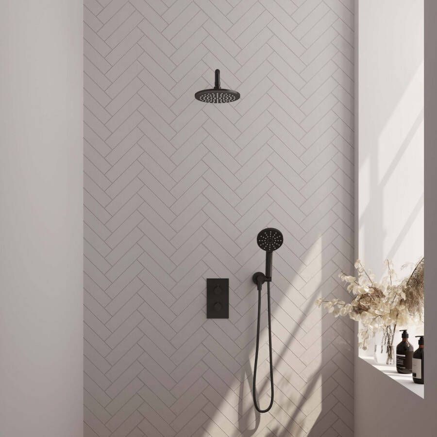 Brauer Inbouw Regendouche Set Black Edition Gebogen Wanduitloop Ronde Hoofddouche 20 cm Met Twee Stopkranen en Handdouche 3 Standen Mat Zwart - Foto 2