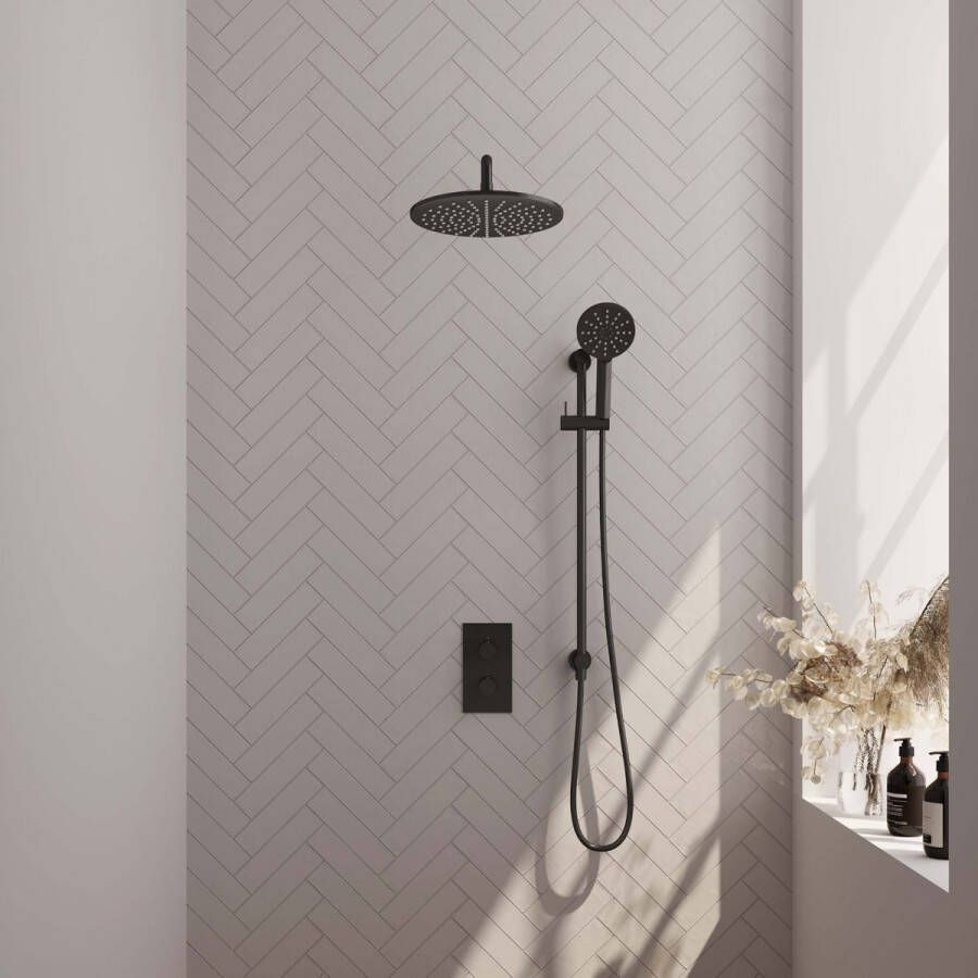 Brauer Inbouw Regendouche Set Black Edition Gebogen Wanduitloop Ronde Hoofddouche 20 cm Met Twee Stopkranen Handdouche 3 Standen en Glijstang Mat Zwart - Foto 2