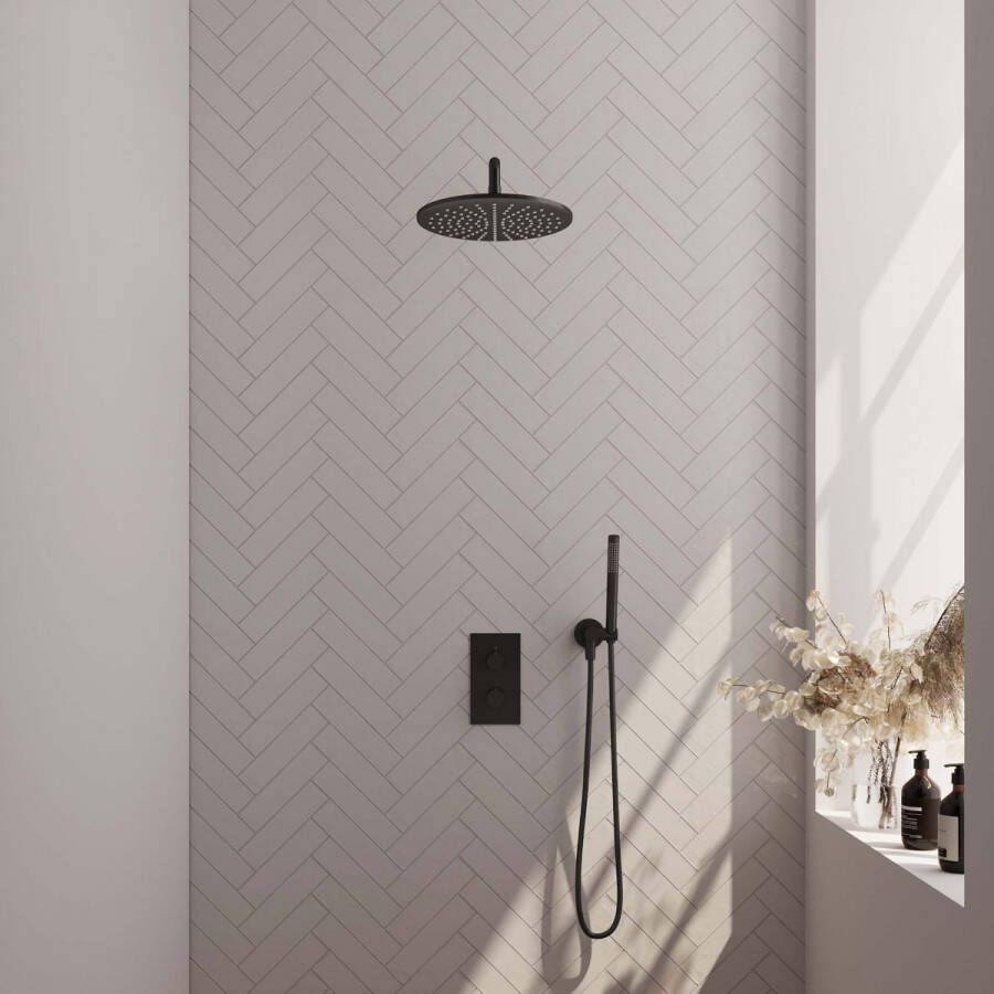 Brauer Black Edition thermostatische inbouw regendouche SET 03 | 20 cm douchekop | gebogen muurarm | staaf handdouche | doucheslang | wandaansluitbocht | mat zwart - Foto 2