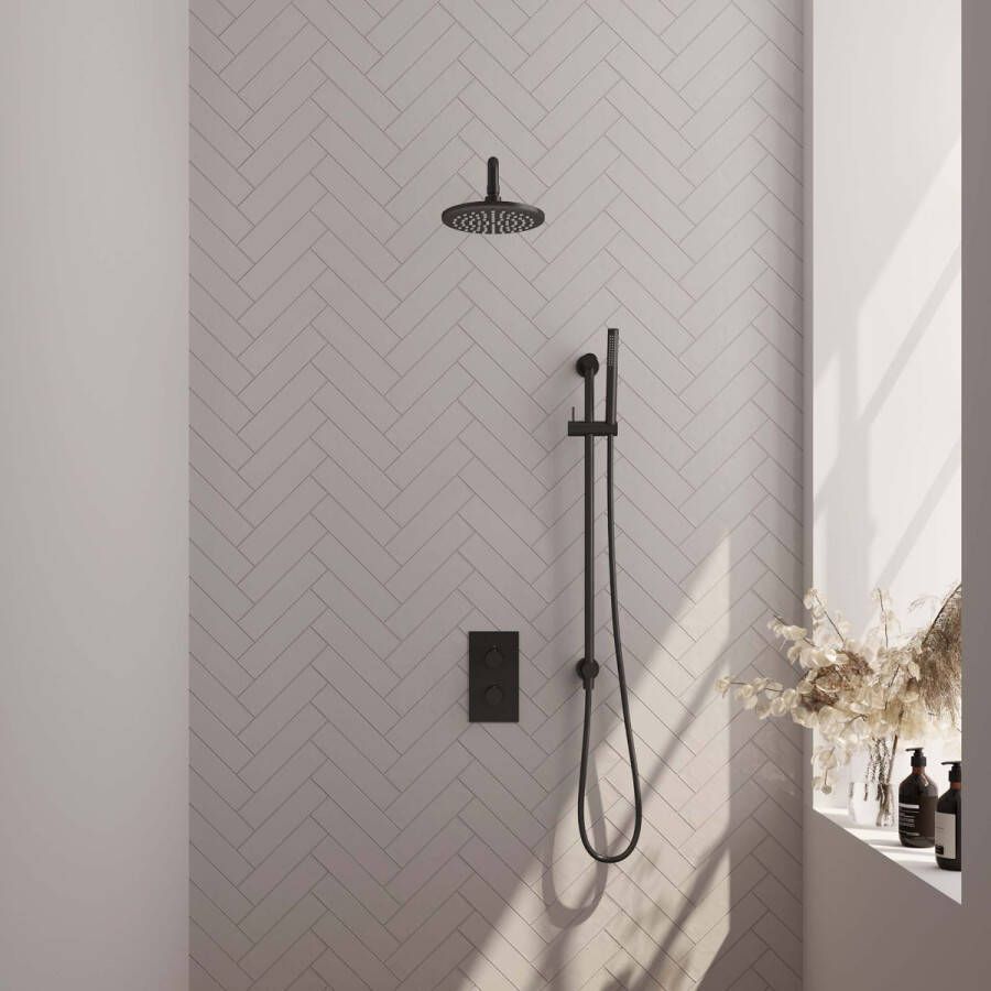 BRAUER Black Edition Regendoucheset inbouw hoofddouche 30cm Wandarm glijstang met inbouwdeel Gladde knoppen handdouche Staaf 1 stand mat zwart 5-S-079