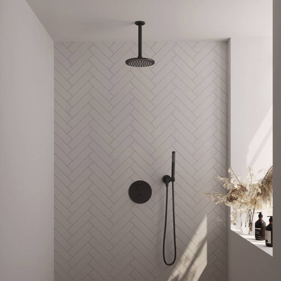 Brauer Black Edition thermostatische inbouw regendouche met staafhanddouche plafondarm en hoofddouche 20cm set 77 zwart mat