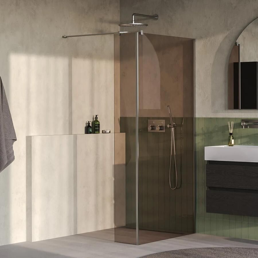 Brauer Oblivion inloopdouche bronsglas 120cm met 30cm zijwand RVS geborsteld PVD