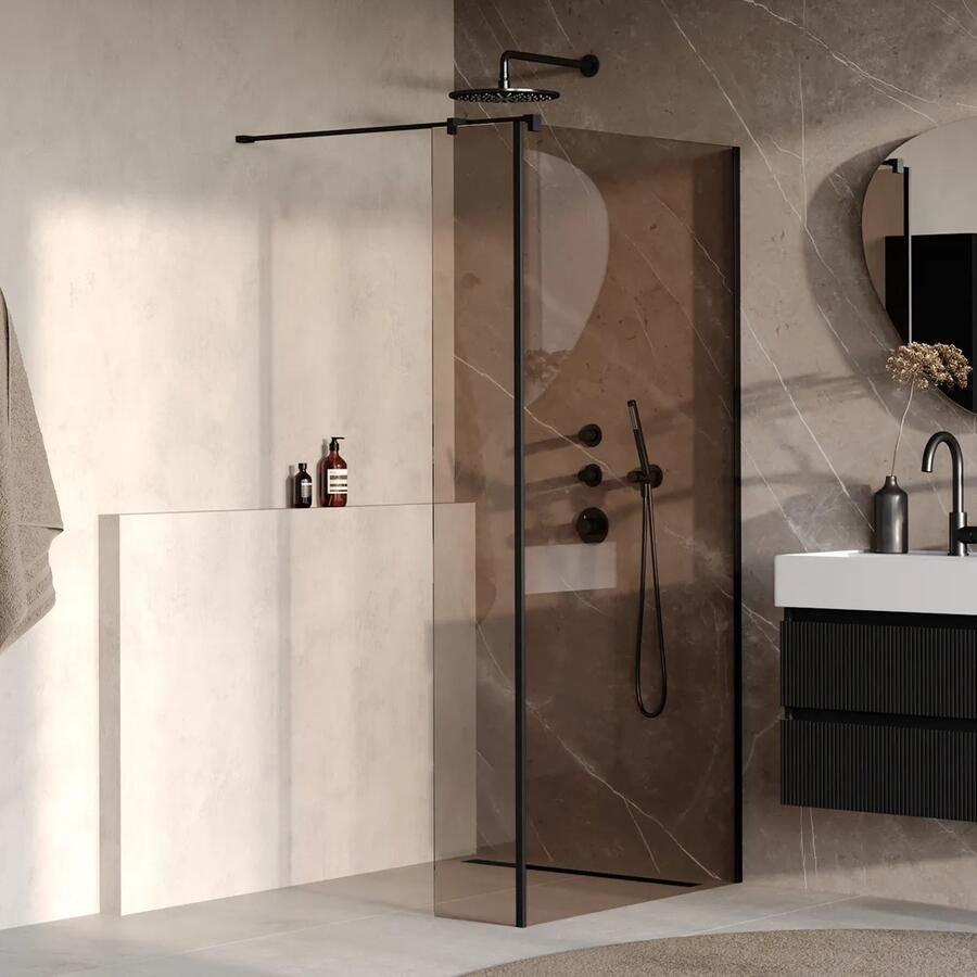 Brauer Oblivion inloopdouche bronsglas 120cm met 30cm zijwand zwart mat