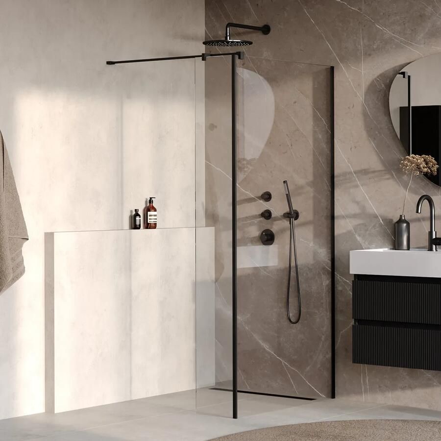 Brauer Oblivion inloopdouche helder glas 90cm met 40cm zijwand zwart mat