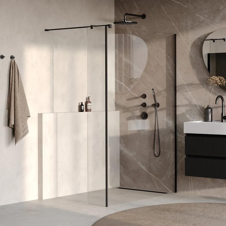 Brauer Oblivion inloopdouche helder glas 130cm met 30cm zijwand zwart mat