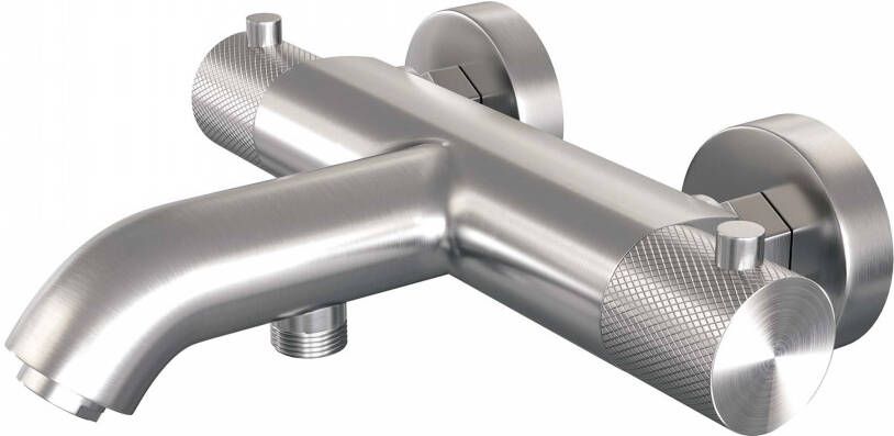 Brauer Badkraan Brushed Carving Thermostatisch Opbouw Rond Geborsteld RVS PVD 2 Greeps